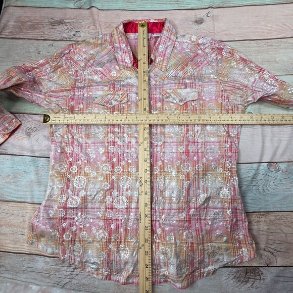 Wrangler Womens Medium Pink/Orange Plaid Long Sleeve Western Shirt With Silver F - Picture 6 of 8